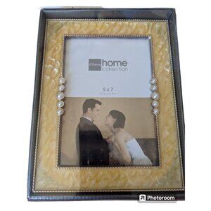 NIB Sealed JcPenny Home Collection 5x7 yellow enamel swirl pearl & gold trim ver